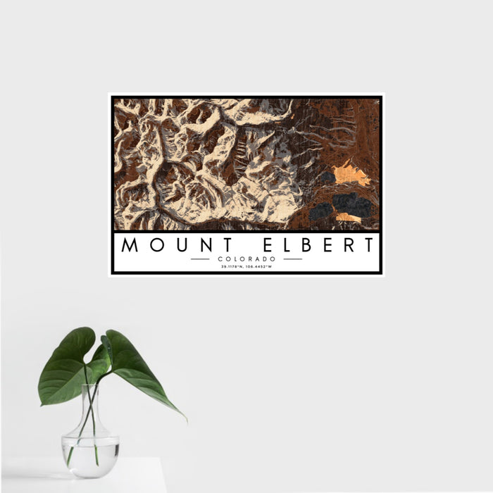 16x24 Mount Elbert Colorado Map Print Landscape Orientation in Ember Style With Tropical Plant Leaves in Water