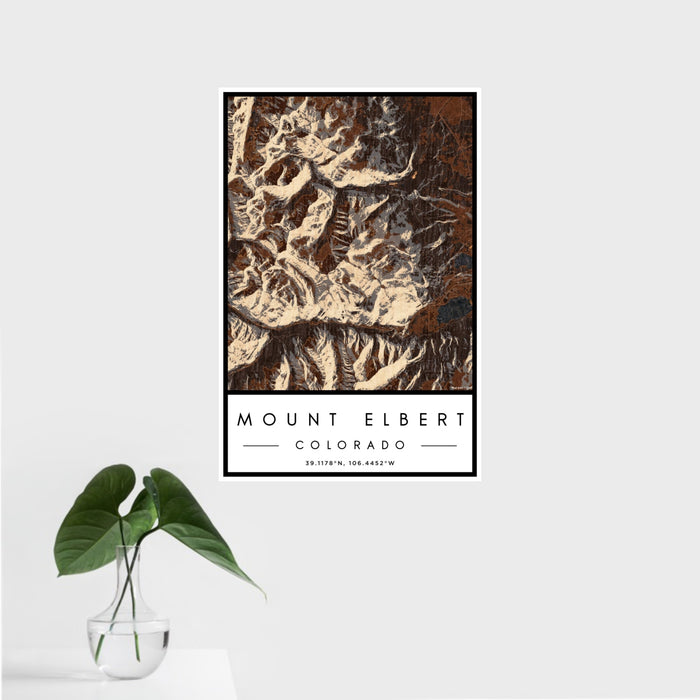16x24 Mount Elbert Colorado Map Print Portrait Orientation in Ember Style With Tropical Plant Leaves in Water