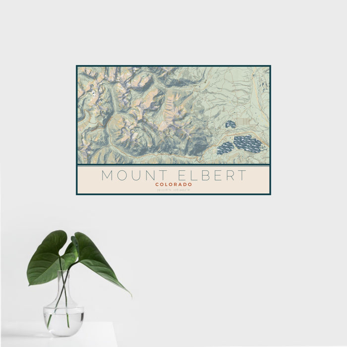 16x24 Mount Elbert Colorado Map Print Landscape Orientation in Woodblock Style With Tropical Plant Leaves in Water