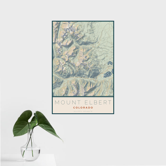 16x24 Mount Elbert Colorado Map Print Portrait Orientation in Woodblock Style With Tropical Plant Leaves in Water