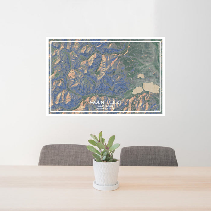 24x36 Mount Elbert Colorado Map Print Lanscape Orientation in Afternoon Style Behind 2 Chairs Table and Potted Plant