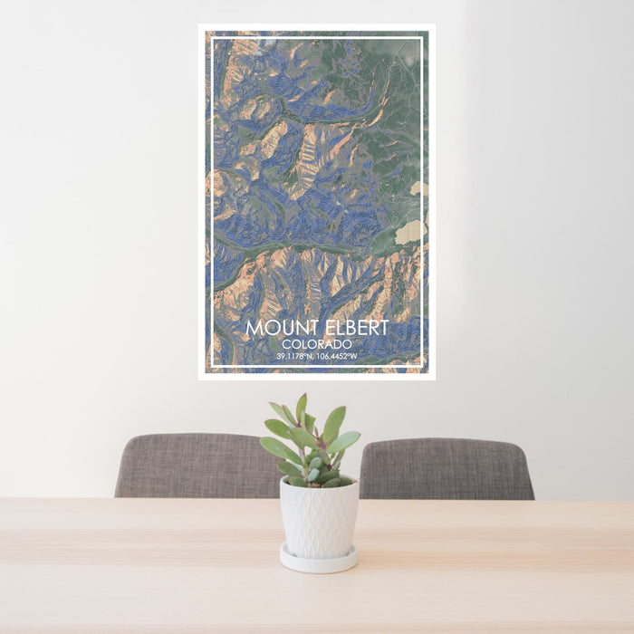 24x36 Mount Elbert Colorado Map Print Portrait Orientation in Afternoon Style Behind 2 Chairs Table and Potted Plant