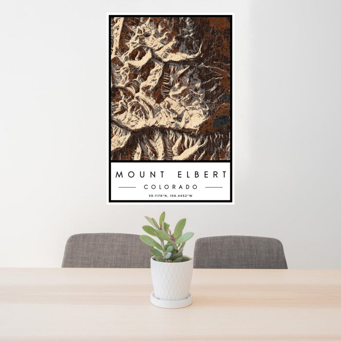 24x36 Mount Elbert Colorado Map Print Portrait Orientation in Ember Style Behind 2 Chairs Table and Potted Plant