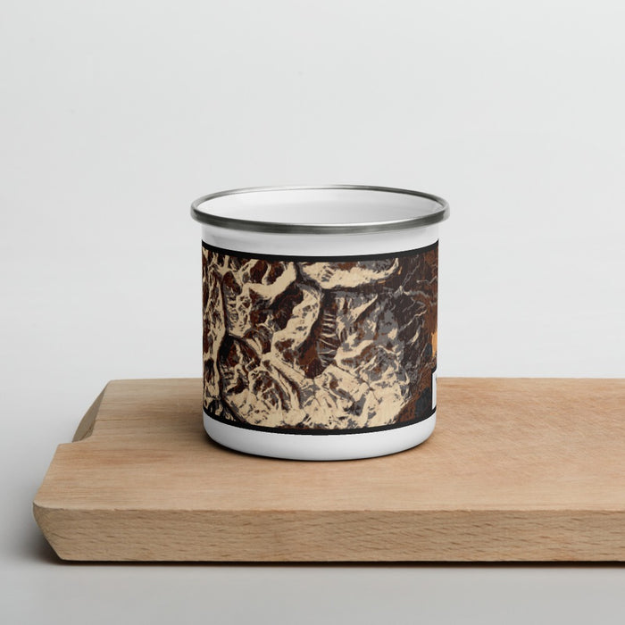 Front View Custom Mount Elbert Colorado Map Enamel Mug in Ember on Cutting Board