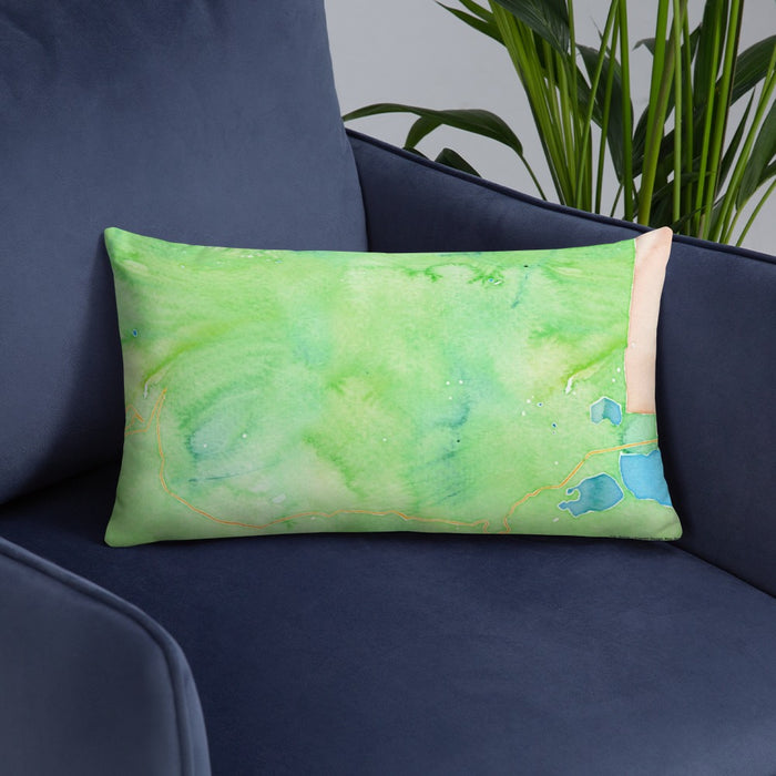Custom Mount Elbert Colorado Map Throw Pillow in Watercolor on Blue Colored Chair