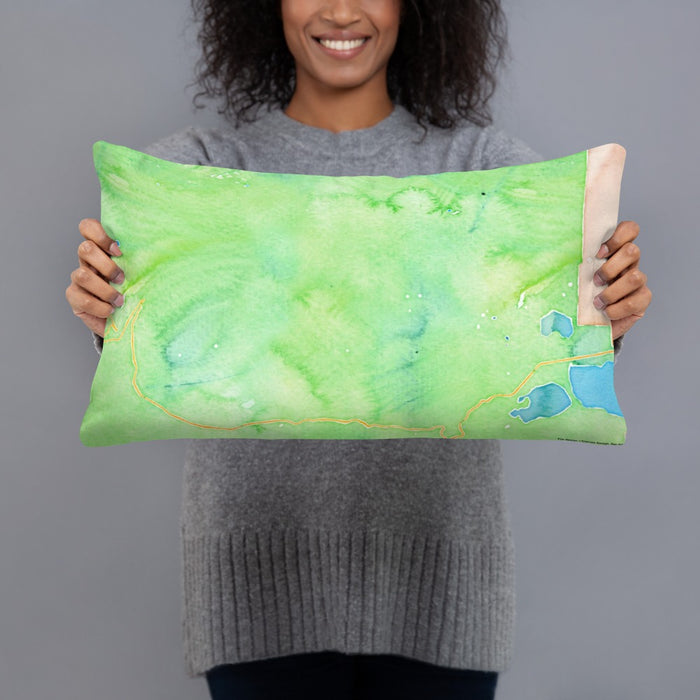 Person holding 20x12 Custom Mount Elbert Colorado Map Throw Pillow in Watercolor