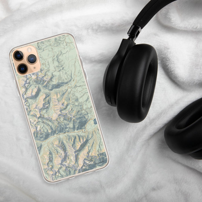 Custom Mount Elbert Colorado Map Phone Case in Woodblock on Table with Black Headphones