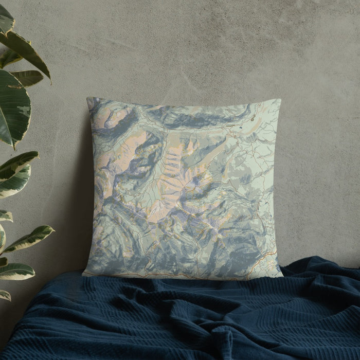 Custom Mount Elbert Colorado Map Throw Pillow in Woodblock on Bedding Against Wall