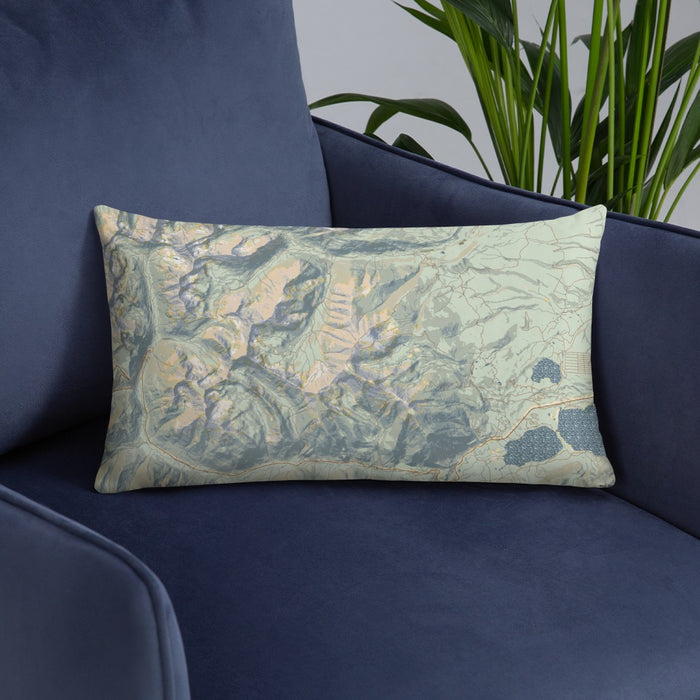 Custom Mount Elbert Colorado Map Throw Pillow in Woodblock on Blue Colored Chair