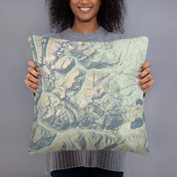 Person holding 18x18 Custom Mount Elbert Colorado Map Throw Pillow in Woodblock