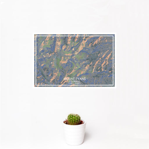 12x18 Mount Evans Colorado Map Print Landscape Orientation in Afternoon Style With Small Cactus Plant in White Planter
