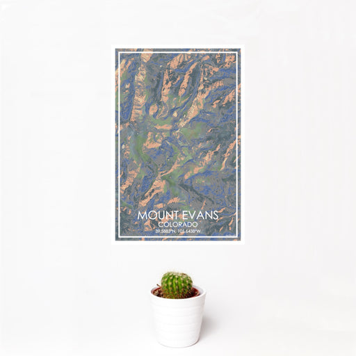 12x18 Mount Evans Colorado Map Print Portrait Orientation in Afternoon Style With Small Cactus Plant in White Planter