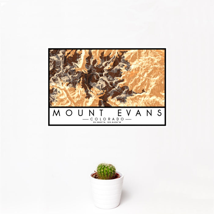 12x18 Mount Evans Colorado Map Print Landscape Orientation in Ember Style With Small Cactus Plant in White Planter
