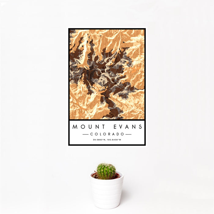 12x18 Mount Evans Colorado Map Print Portrait Orientation in Ember Style With Small Cactus Plant in White Planter