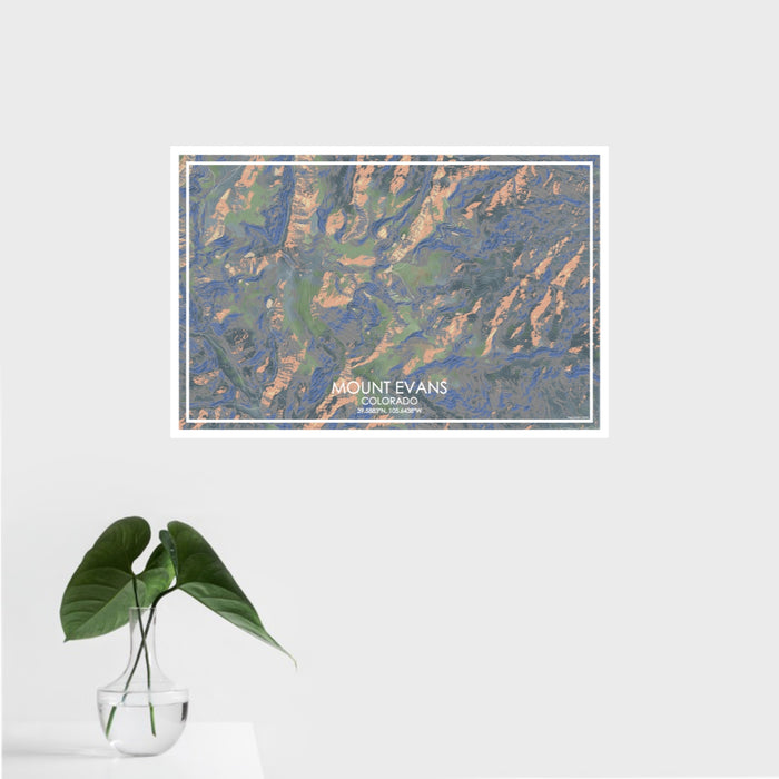 16x24 Mount Evans Colorado Map Print Landscape Orientation in Afternoon Style With Tropical Plant Leaves in Water