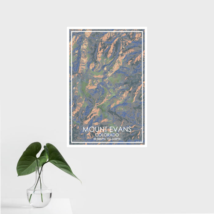 16x24 Mount Evans Colorado Map Print Portrait Orientation in Afternoon Style With Tropical Plant Leaves in Water