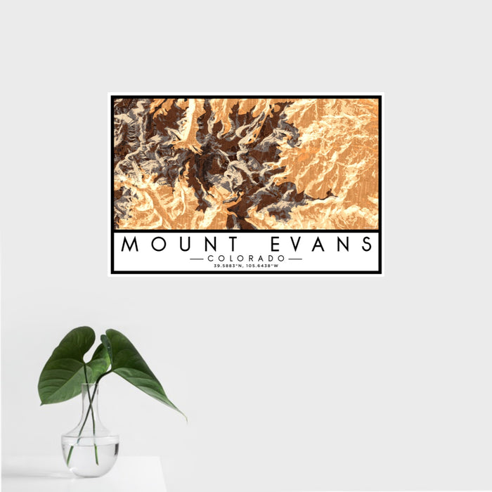 16x24 Mount Evans Colorado Map Print Landscape Orientation in Ember Style With Tropical Plant Leaves in Water
