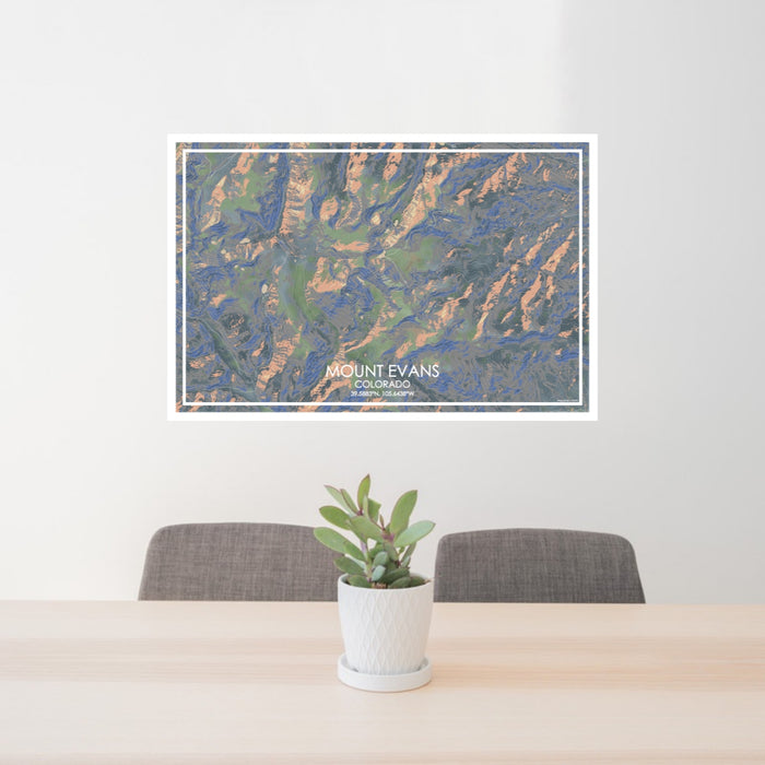 24x36 Mount Evans Colorado Map Print Lanscape Orientation in Afternoon Style Behind 2 Chairs Table and Potted Plant