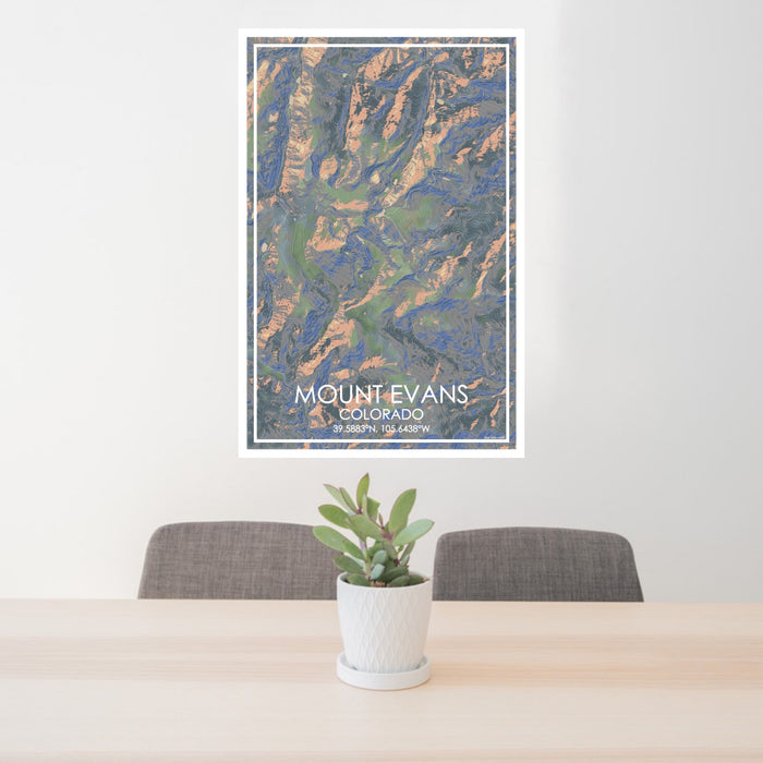 24x36 Mount Evans Colorado Map Print Portrait Orientation in Afternoon Style Behind 2 Chairs Table and Potted Plant
