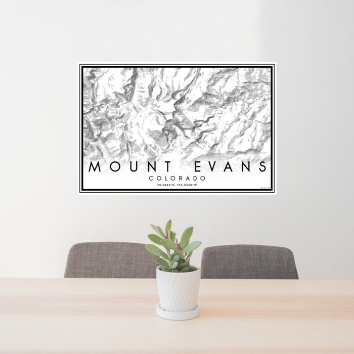 24x36 Mount Evans Colorado Map Print Lanscape Orientation in Classic Style Behind 2 Chairs Table and Potted Plant