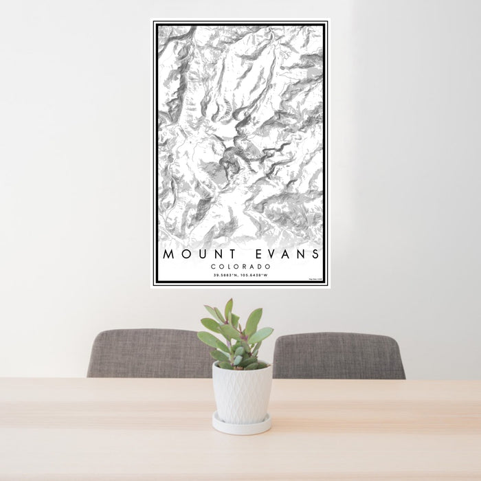 24x36 Mount Evans Colorado Map Print Portrait Orientation in Classic Style Behind 2 Chairs Table and Potted Plant