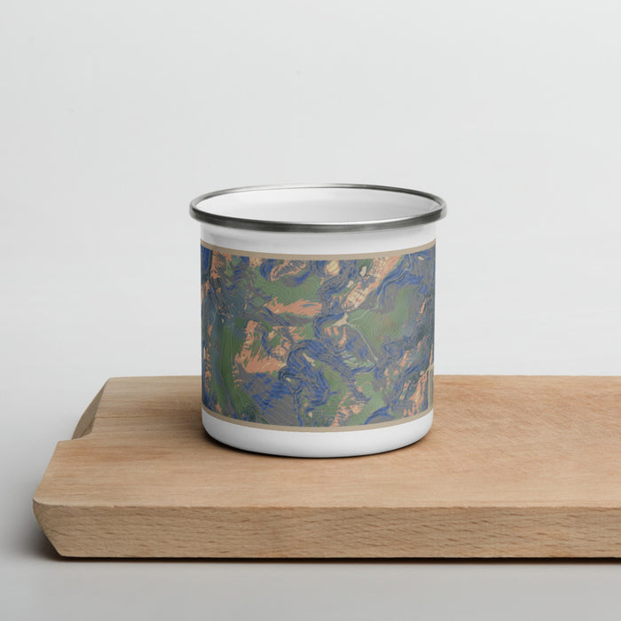 Front View Custom Mount Evans Colorado Map Enamel Mug in Afternoon on Cutting Board