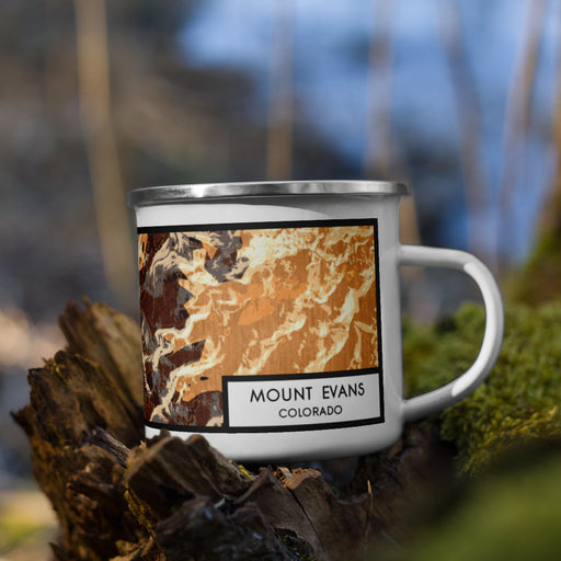 Right View Custom Mount Evans Colorado Map Enamel Mug in Ember on Grass With Trees in Background