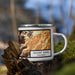 Right View Custom Mount Evans Colorado Map Enamel Mug in Ember on Grass With Trees in Background