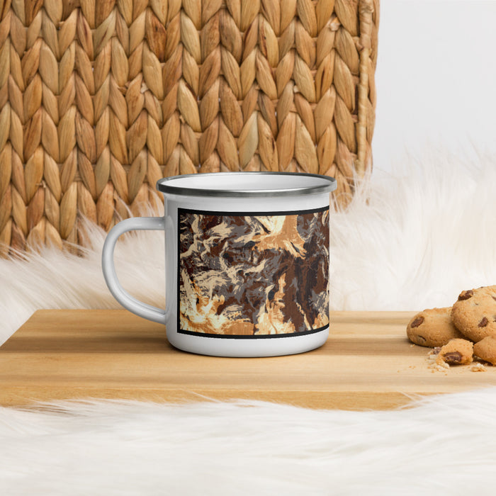 Left View Custom Mount Evans Colorado Map Enamel Mug in Ember on Table Top