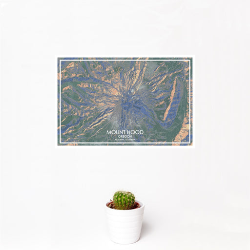 12x18 Mount Hood Oregon Map Print Landscape Orientation in Afternoon Style With Small Cactus Plant in White Planter