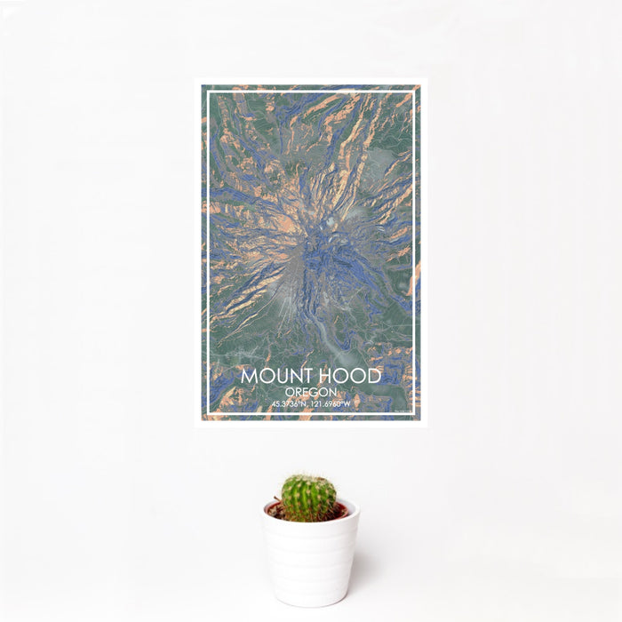 12x18 Mount Hood Oregon Map Print Portrait Orientation in Afternoon Style With Small Cactus Plant in White Planter