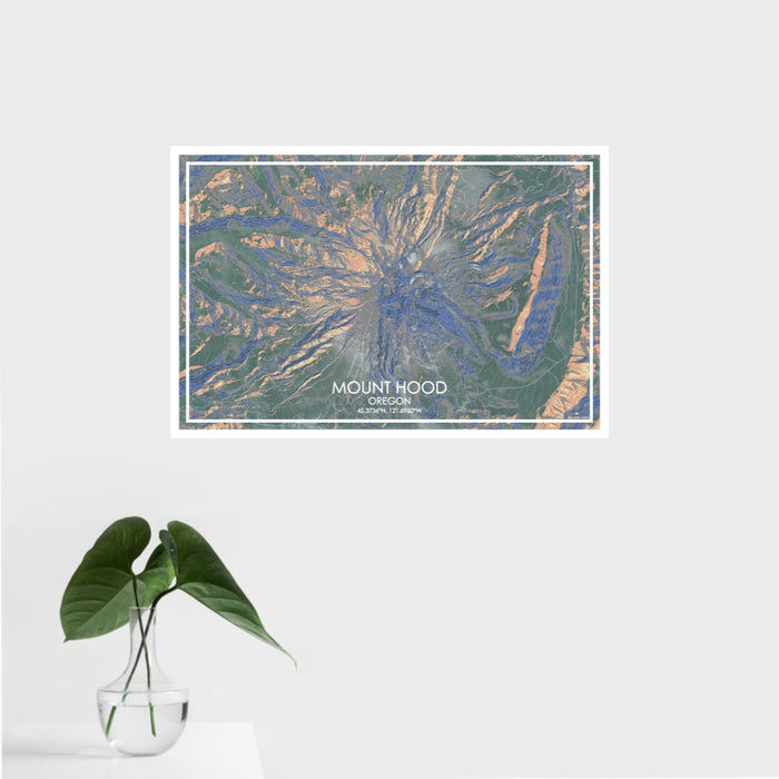 16x24 Mount Hood Oregon Map Print Landscape Orientation in Afternoon Style With Tropical Plant Leaves in Water