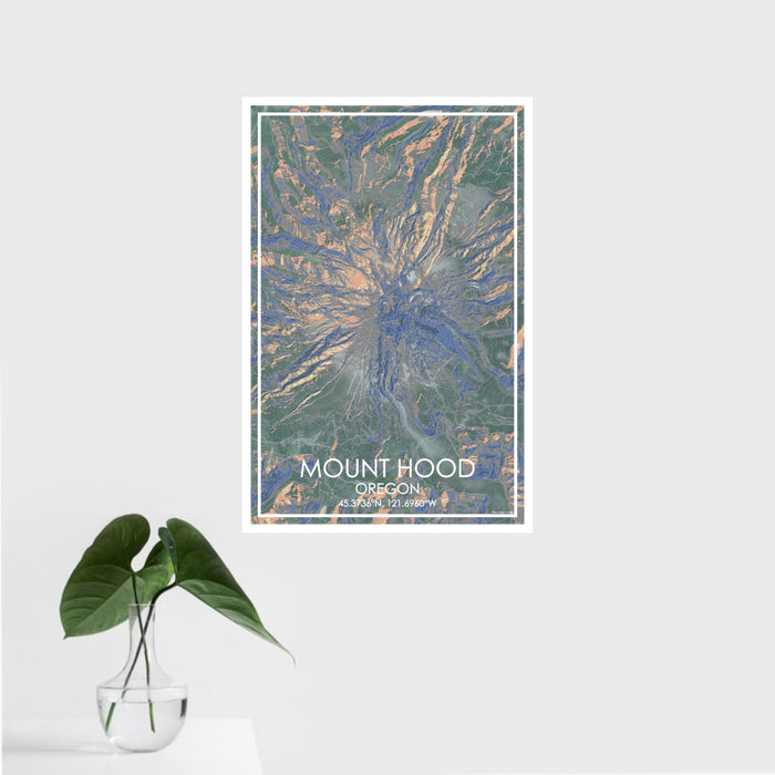 16x24 Mount Hood Oregon Map Print Portrait Orientation in Afternoon Style With Tropical Plant Leaves in Water