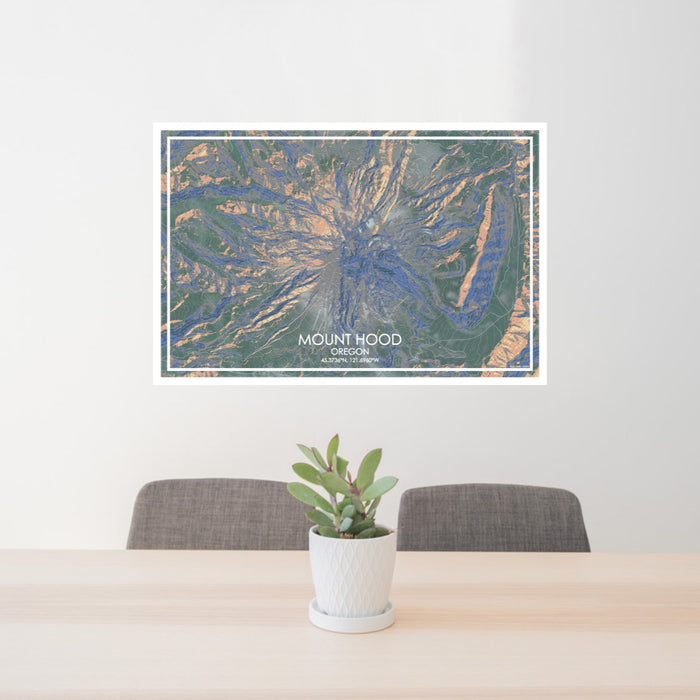 24x36 Mount Hood Oregon Map Print Lanscape Orientation in Afternoon Style Behind 2 Chairs Table and Potted Plant