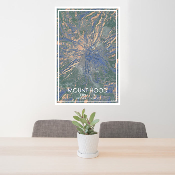 24x36 Mount Hood Oregon Map Print Portrait Orientation in Afternoon Style Behind 2 Chairs Table and Potted Plant