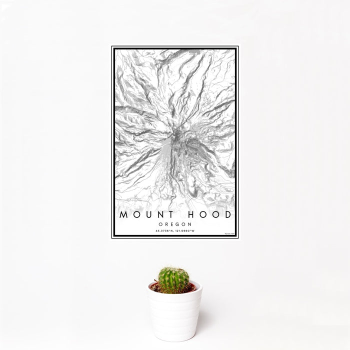 12x18 Mount Hood Oregon Map Print Portrait Orientation in Classic Style With Small Cactus Plant in White Planter