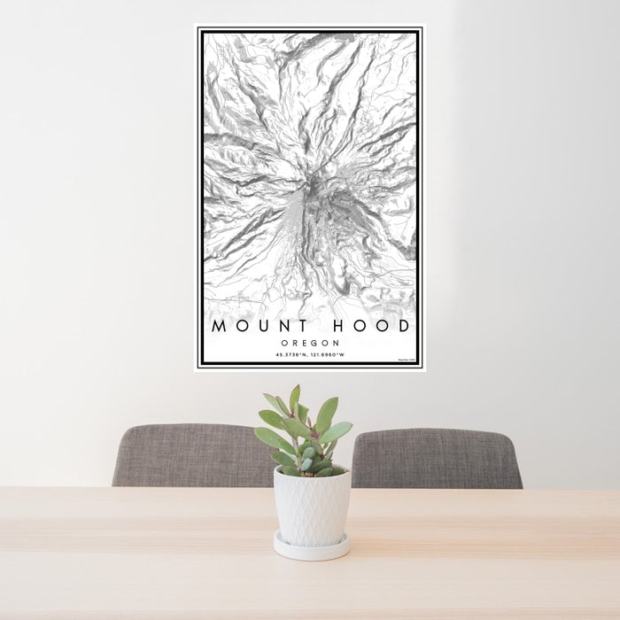 24x36 Mount Hood Oregon Map Print Portrait Orientation in Classic Style Behind 2 Chairs Table and Potted Plant