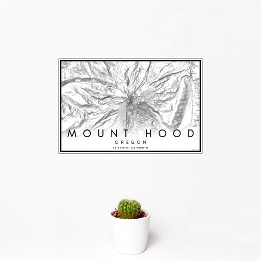 12x18 Mount Hood Oregon Map Print Landscape Orientation in Classic Style With Small Cactus Plant in White Planter