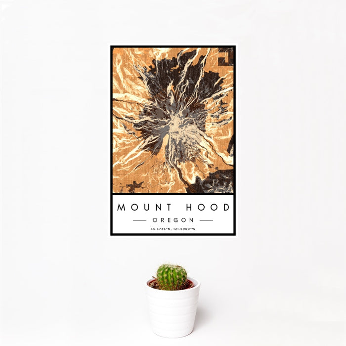 12x18 Mount Hood Oregon Map Print Portrait Orientation in Ember Style With Small Cactus Plant in White Planter