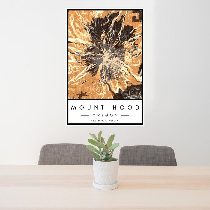 24x36 Mount Hood Oregon Map Print Portrait Orientation in Ember Style Behind 2 Chairs Table and Potted Plant