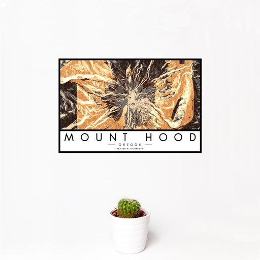 12x18 Mount Hood Oregon Map Print Landscape Orientation in Ember Style With Small Cactus Plant in White Planter
