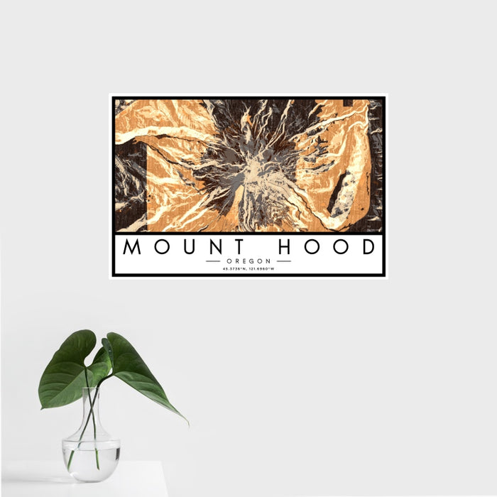 16x24 Mount Hood Oregon Map Print Landscape Orientation in Ember Style With Tropical Plant Leaves in Water