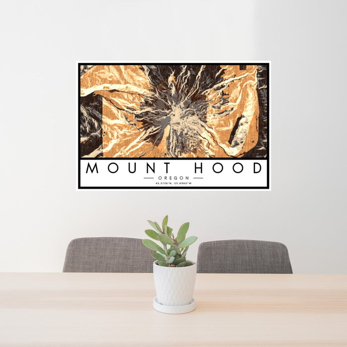 24x36 Mount Hood Oregon Map Print Landscape Orientation in Ember Style Behind 2 Chairs Table and Potted Plant
