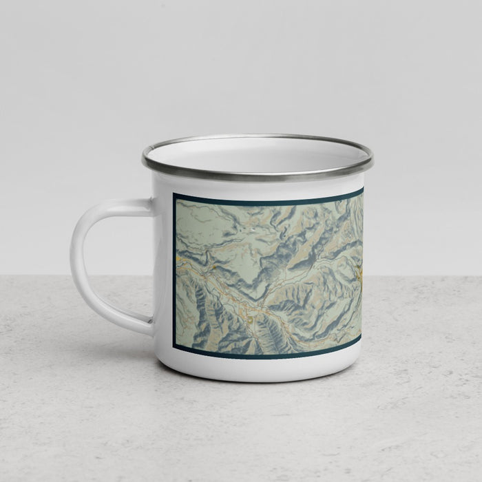 Left View Custom Mount Hood Oregon Map Enamel Mug in Woodblock
