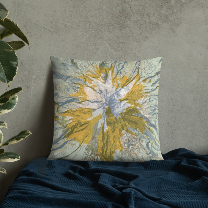 Custom Mount Hood Oregon Map Throw Pillow in Woodblock on Bedding Against Wall