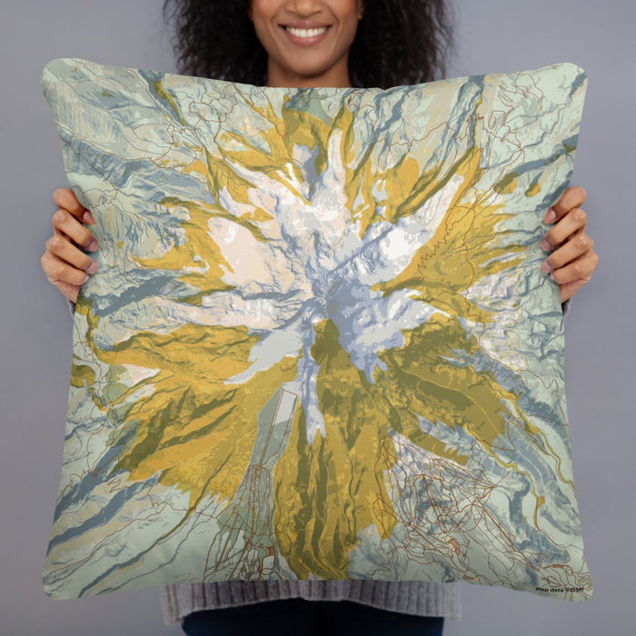 Person holding 22x22 Custom Mount Hood Oregon Map Throw Pillow in Woodblock