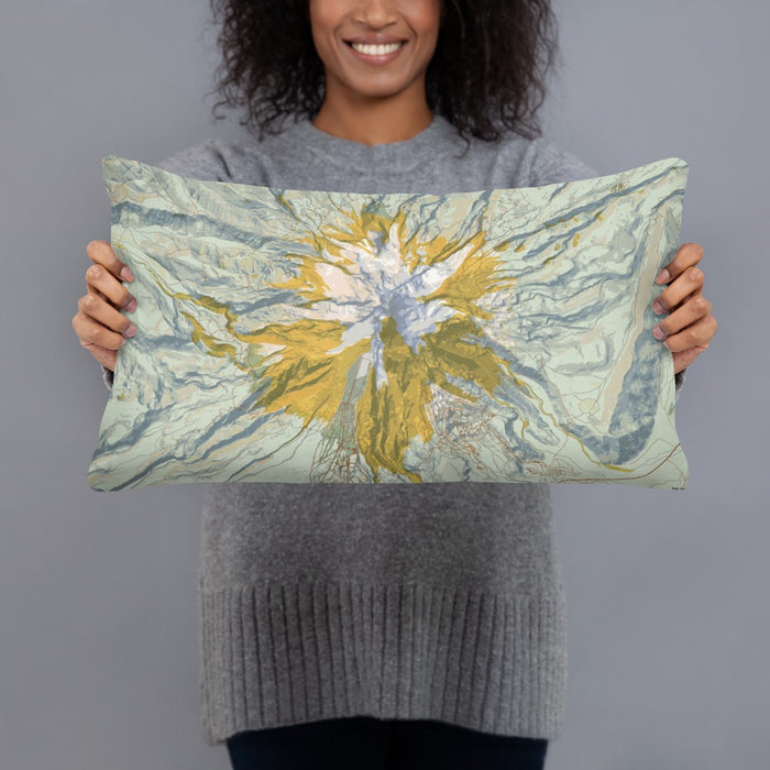 Person holding 20x12 Custom Mount Hood Oregon Map Throw Pillow in Woodblock