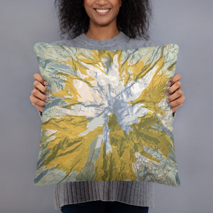 Person holding 18x18 Custom Mount Hood Oregon Map Throw Pillow in Woodblock