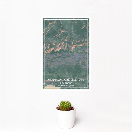 12x18 Mount Magazine State Park Arkansas Map Print Portrait Orientation in Afternoon Style With Small Cactus Plant in White Planter