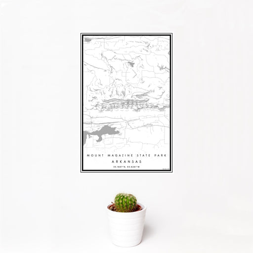 12x18 Mount Magazine State Park Arkansas Map Print Portrait Orientation in Classic Style With Small Cactus Plant in White Planter